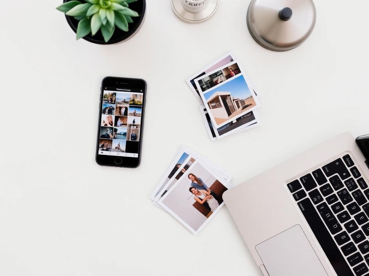 Phone showing photo gallery beside printed photos