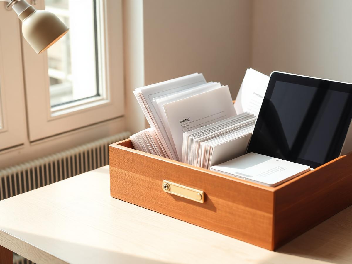 Document archive box next to laptop